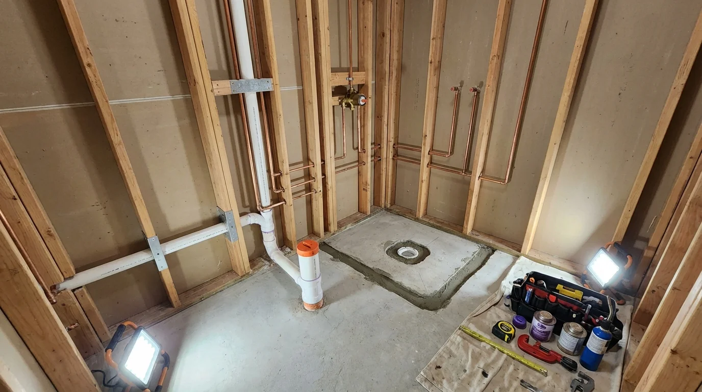 Bathroom rough-in plumbing during remodel by Johns Plumbing LLC in Royalton