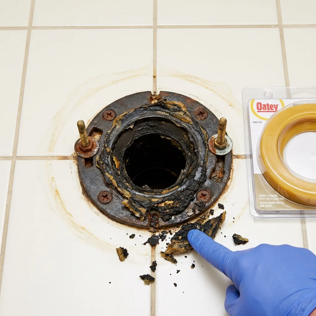 Failed wax ring showing water seepage at the base of a toilet in a Royalton, IL home