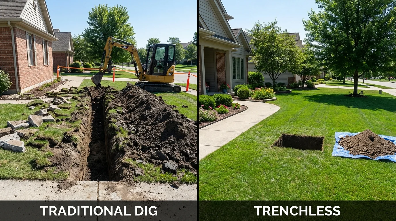 Trenchless sewer repair with minimal yard damage versus traditional excavation in Royalton, IL