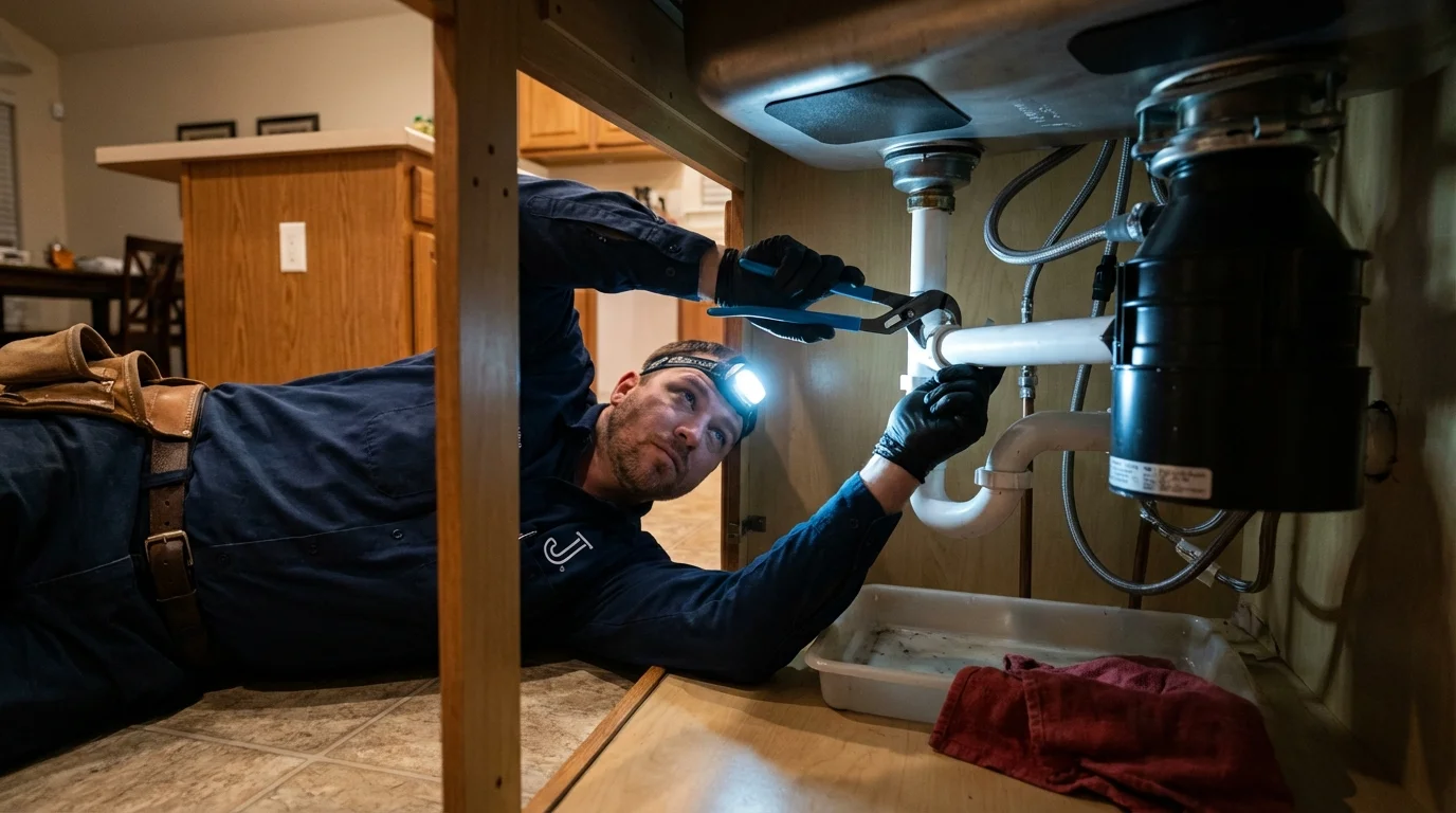 P-trap and supply line connections under a kitchen sink showing a common leak point in Royalton, IL